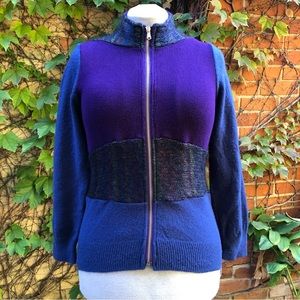 Zip Up Cardigan Purple Blue Upcycled Sweater Large Patchwork Winter Fall